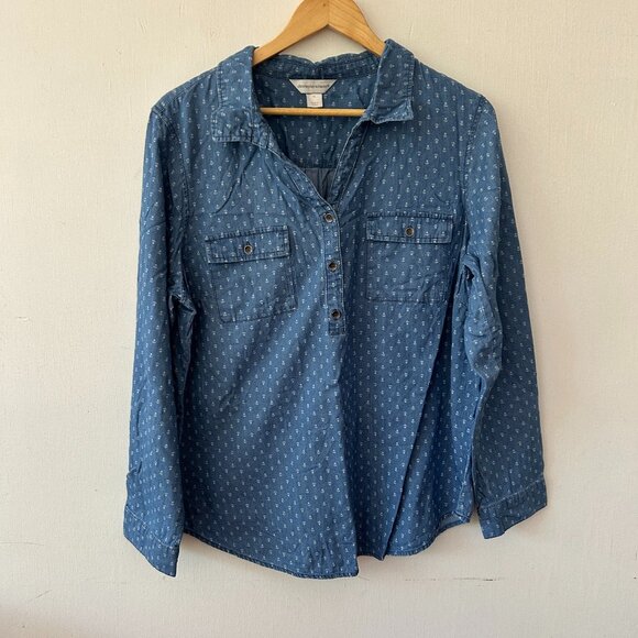 Christopher & Banks Popover Denim Blouse Womens XL Collared Anchors Nautical - Picture 1 of 5